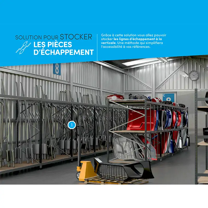 rayonnage-piece-stockage-pot-echappement-garage-rayonnage rayonnage garage, pot échappement stockage, étagère garage auto, rangement garage